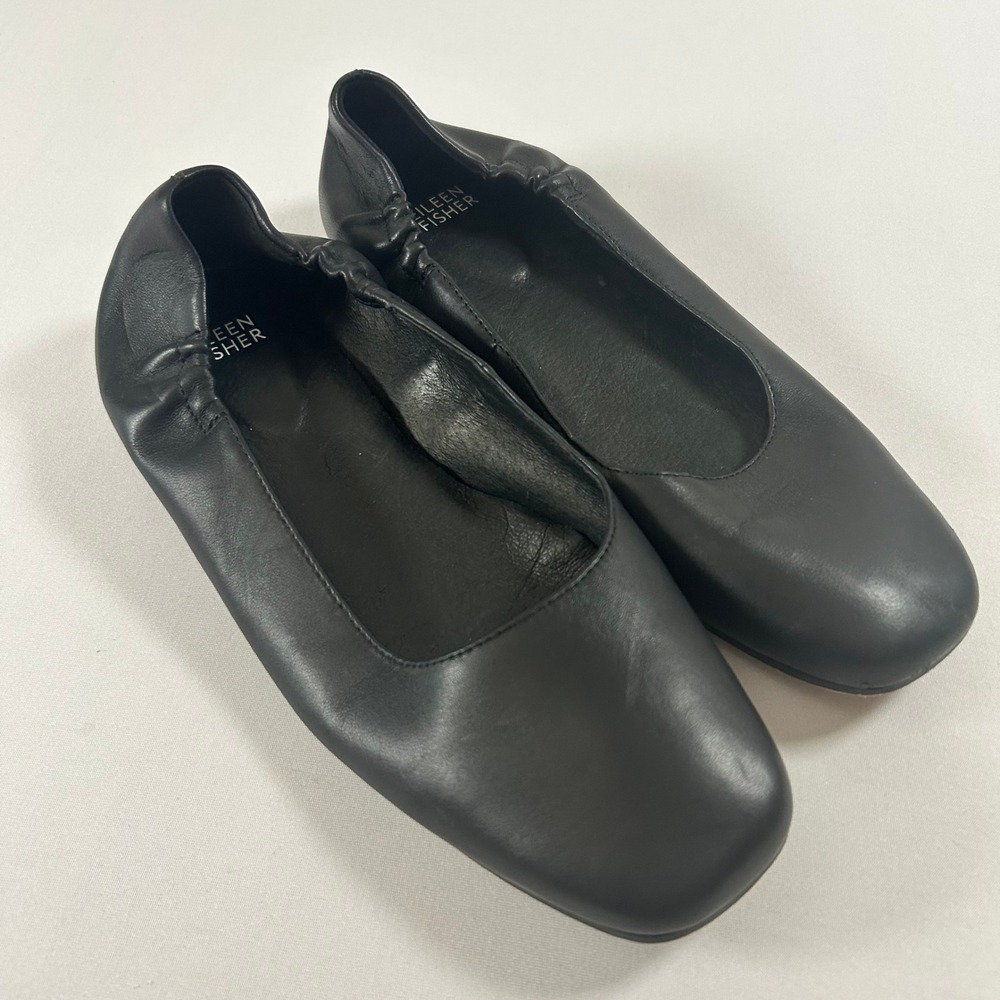 Eileen Fisher Ballet Flats Women 8 Black Leather Square Toe Elastic Heel Slip On